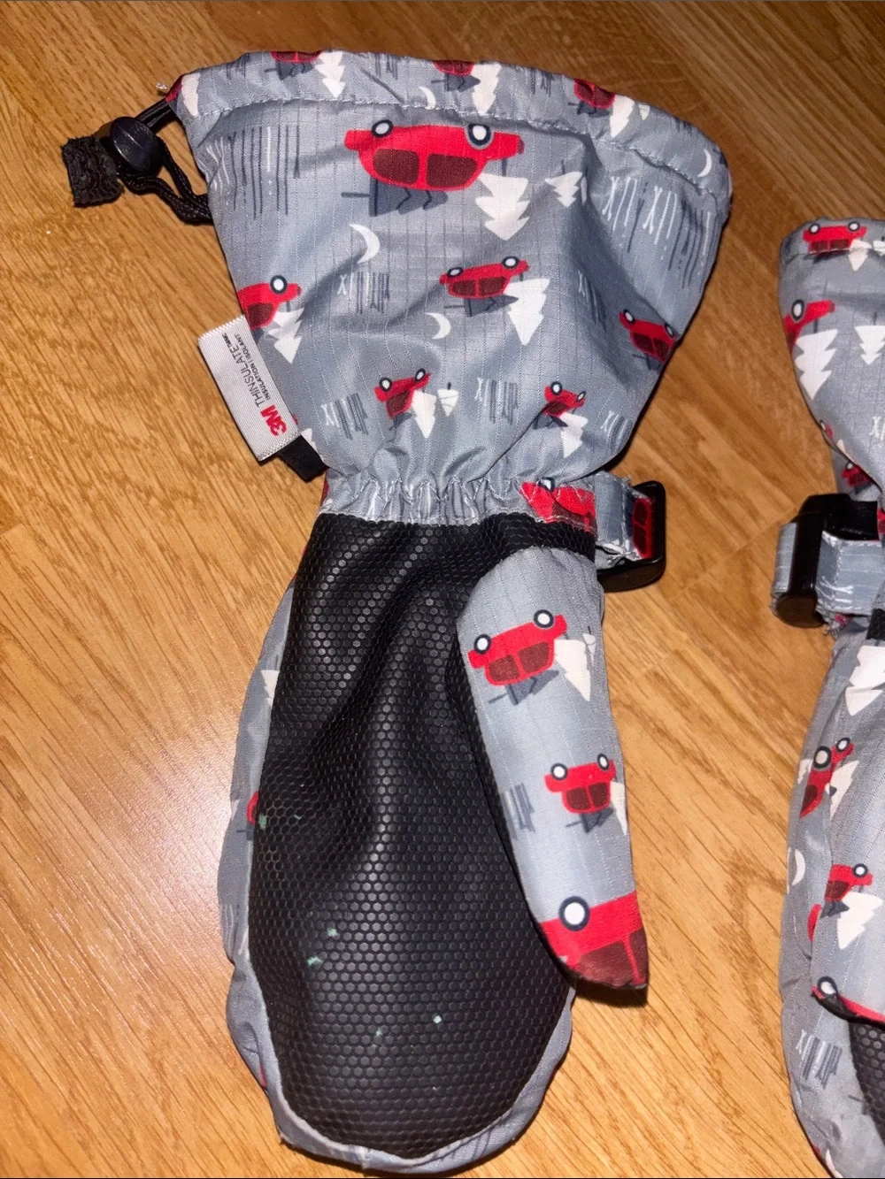 Kids Grey Mittens with Red Car Print - Cozy Winter Gloves - youth L